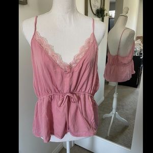 Pink lace neckline tank top